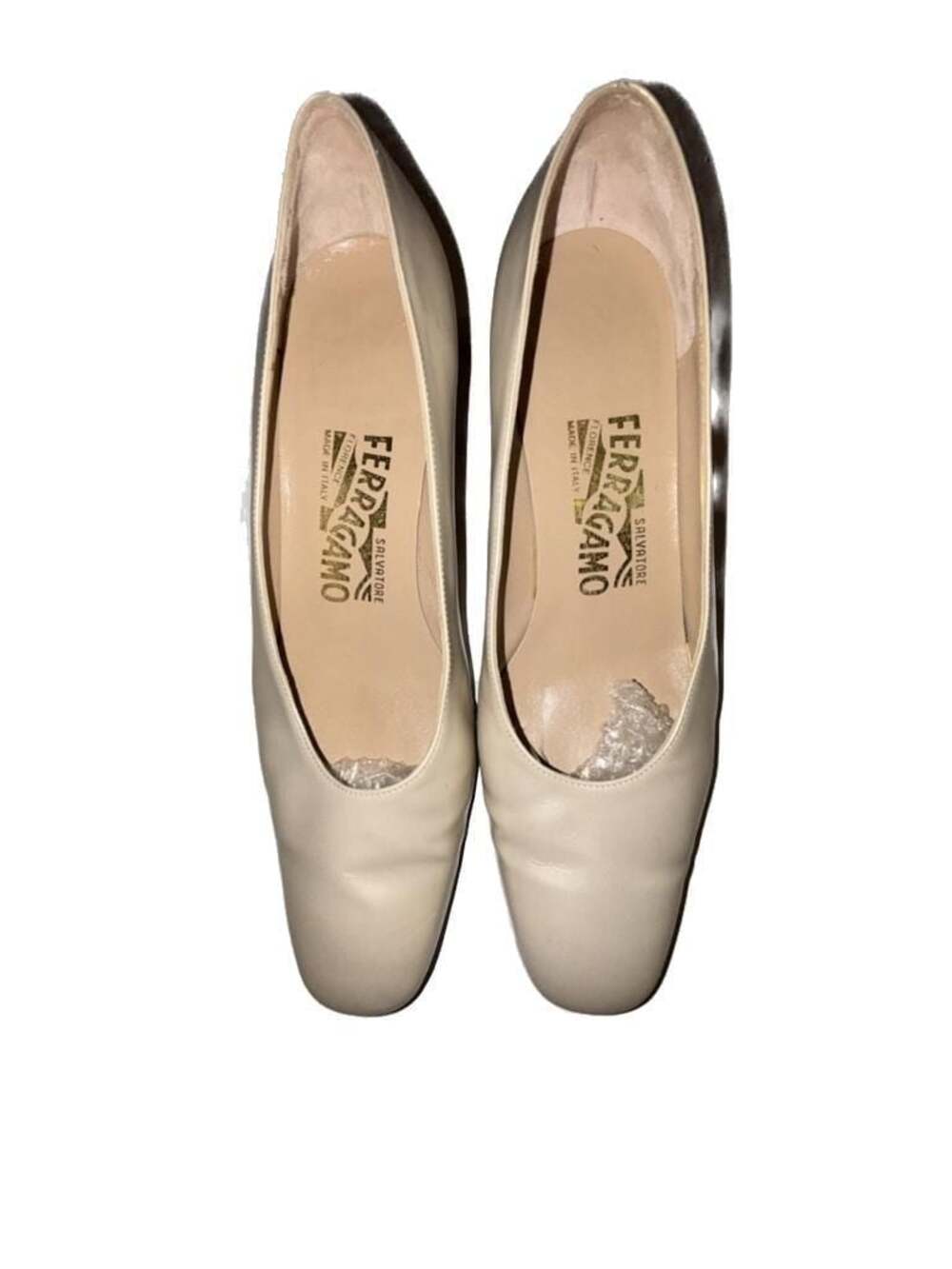 Salvatore Ferragamo Beige Leather Low Heel Square Toe Pumps